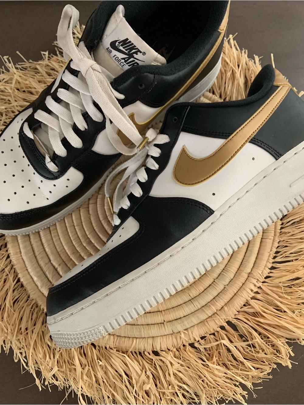 NIKE Men’s Air Force One Black White Gold Sneakers Size 10.5